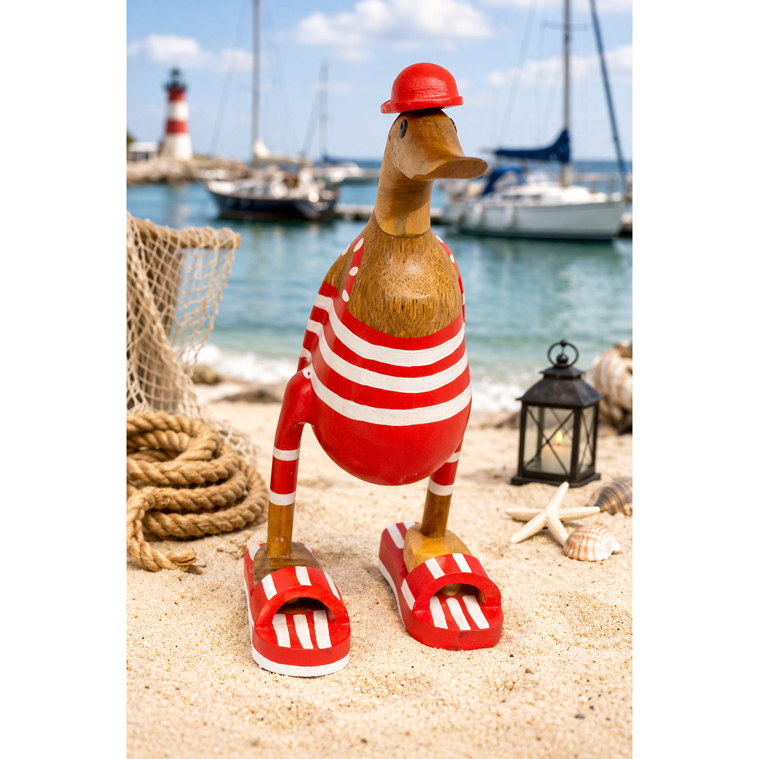 Deko Ente Badefreunde – 25 cm – maritime Holzfigur in Rot Weiß mit sommerlichem Strandlook