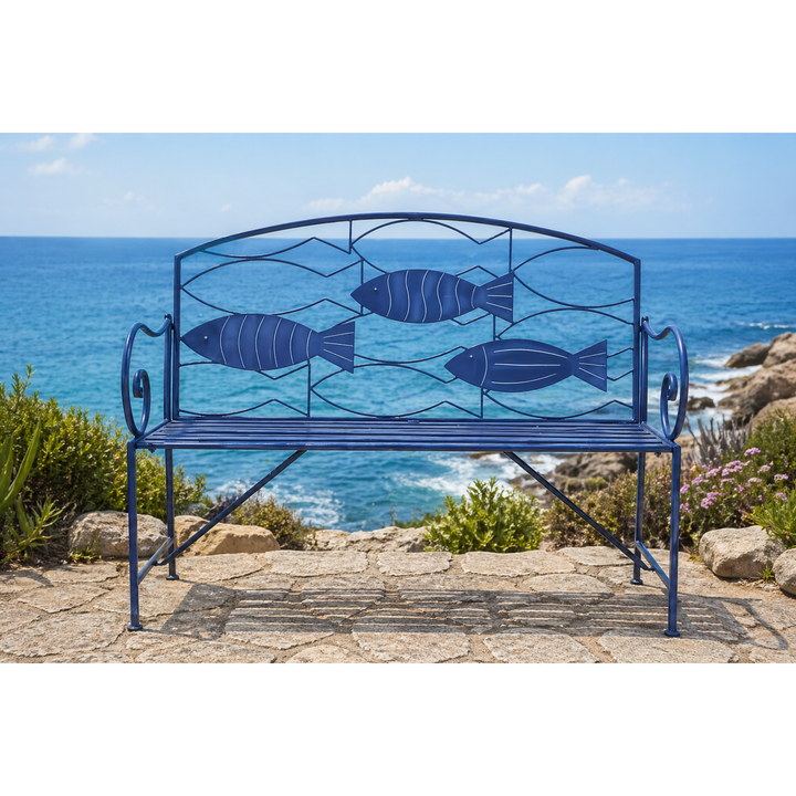 Gartenbank Fische – maritime Sitzbank aus Eisen in Blau