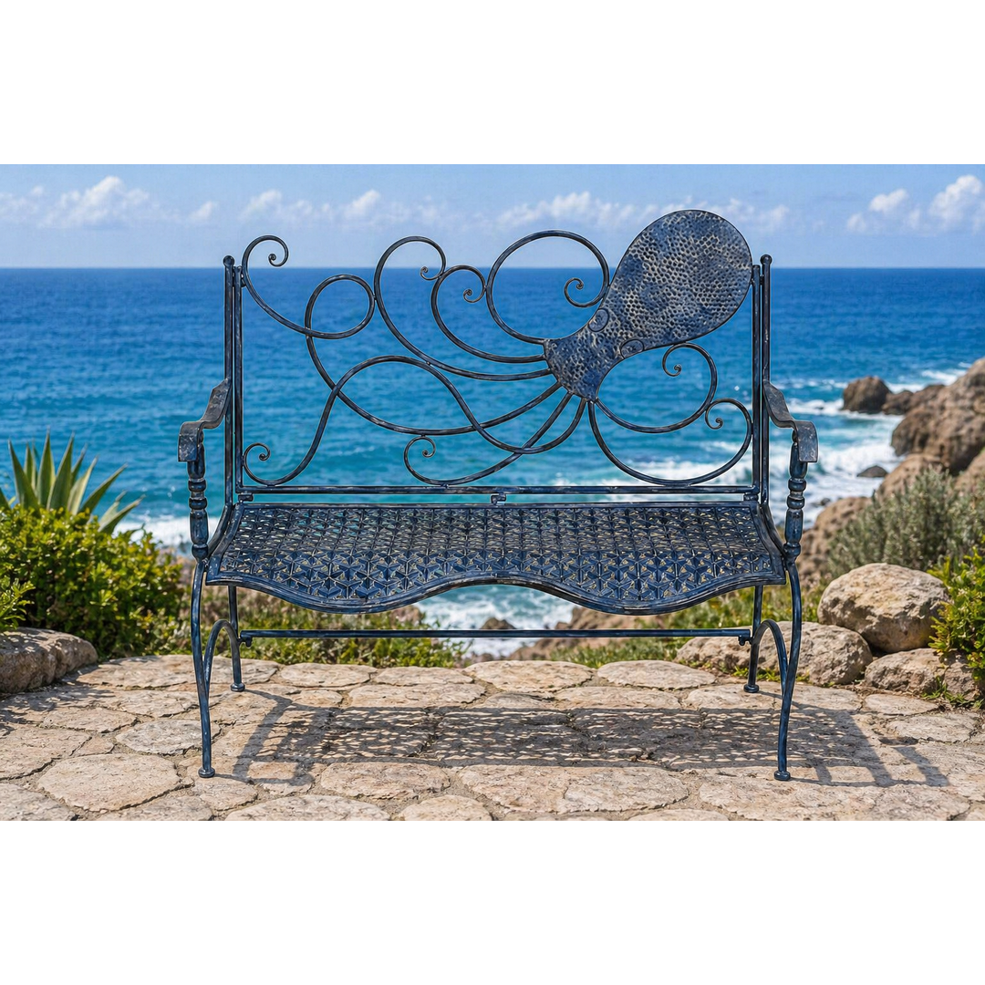 Gartenbank Krake – maritime Sitzbank aus Eisen in Blau
