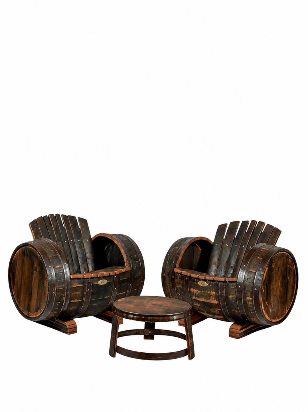 Lounge Set Whisky aus Eichenholz – 2 Fass Sessel mit Tisch im rustikalen Design