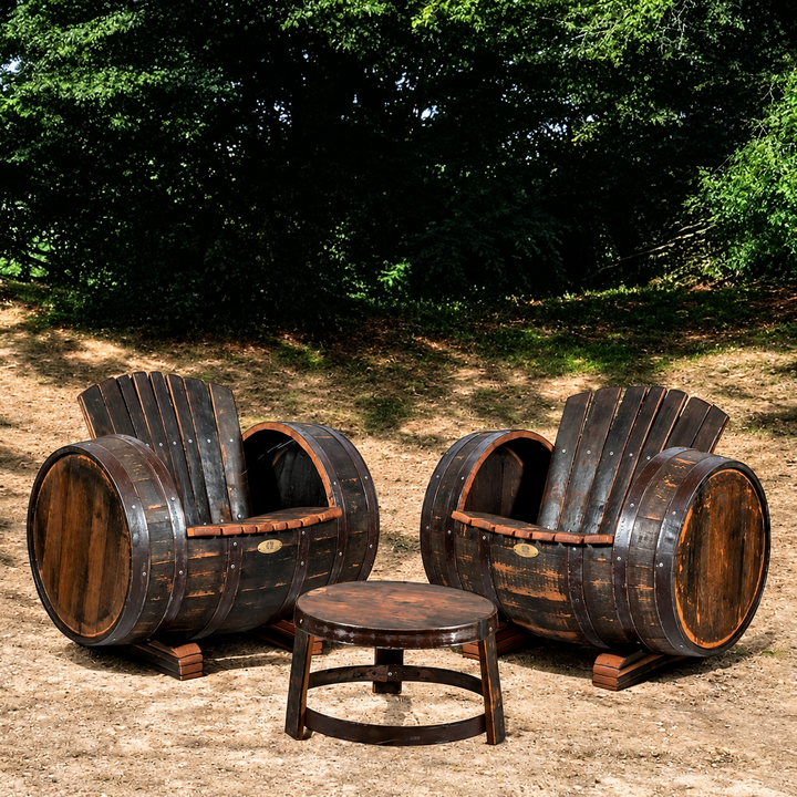 Lounge Set Whisky aus Eichenholz – 2 Fass Sessel mit Tisch im rustikalen Design