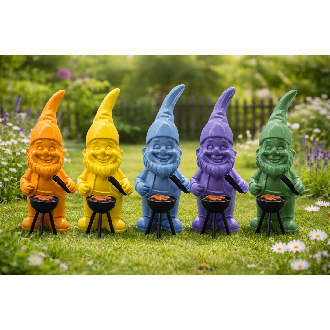 Gartenzwerg mit Grill – dekorative Gartenfigur in 6 Farben