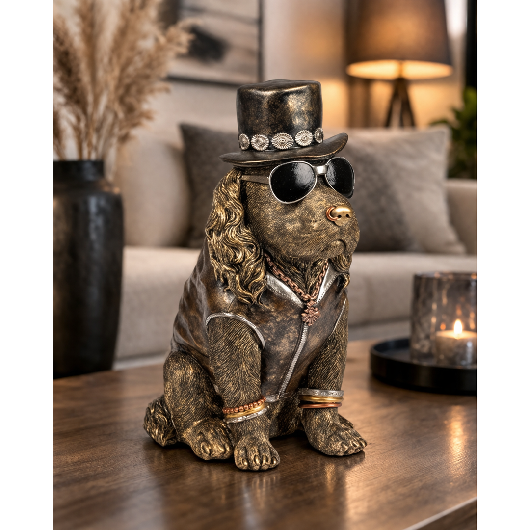 Dekofigur Hund mit Zylinder und Sonnenbrille 32 cm – stilvolle Tierfigur aus Kunststein