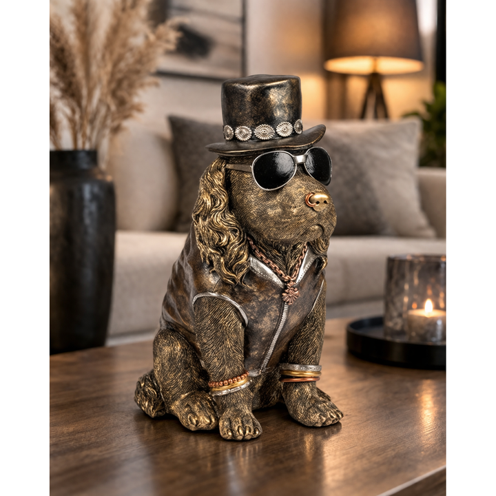Dekofigur Hund mit Zylinder und Sonnenbrille 32 cm – stilvolle Tierfigur aus Kunststein