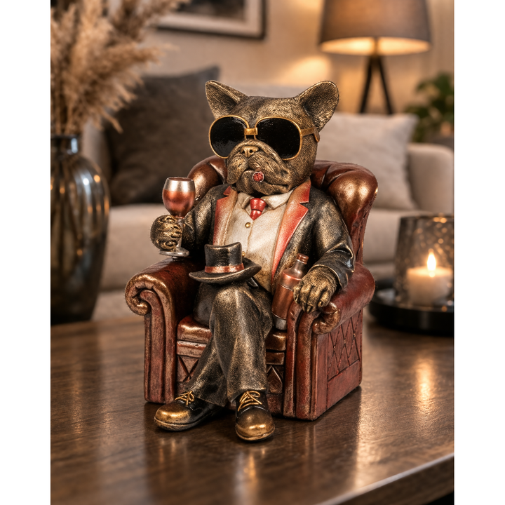 Dekofigur Bulldogge im Sessel 27 cm – stilvolle Tierfigur in Antik Gold