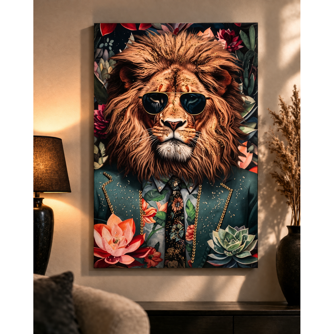 Wandbild Raubtier im Anzug – Löwenmotiv mit Acryl-Steinen 60 × 90 cm