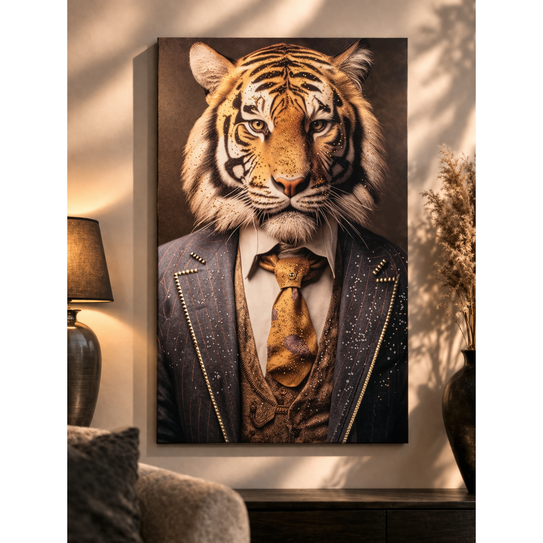 Wandbild Tiger im Anzug – elegante Leinwandkunst mit Acryl-Steinen 60 × 90 cm