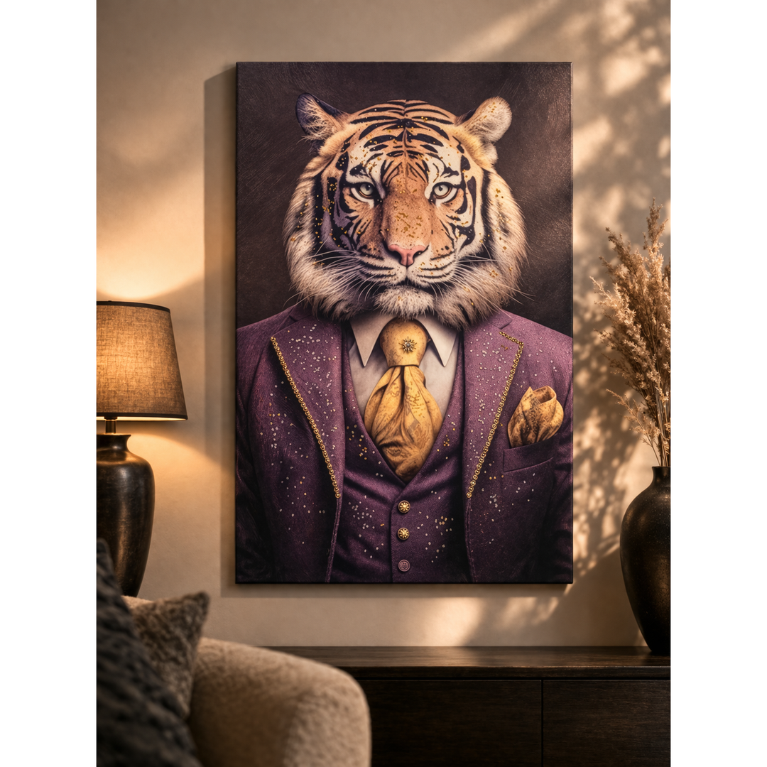 Wandbild Tiger im Anzug – stilvolle Leinwandkunst mit Acryl-Steinen 60 × 90 cm