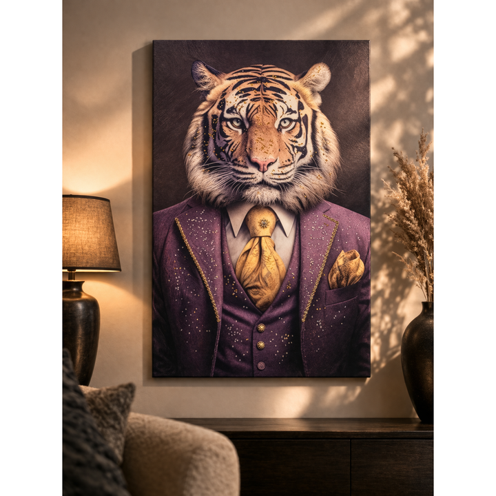 Wandbild Tiger im Anzug – stilvolle Leinwandkunst mit Acryl-Steinen 60 × 90 cm