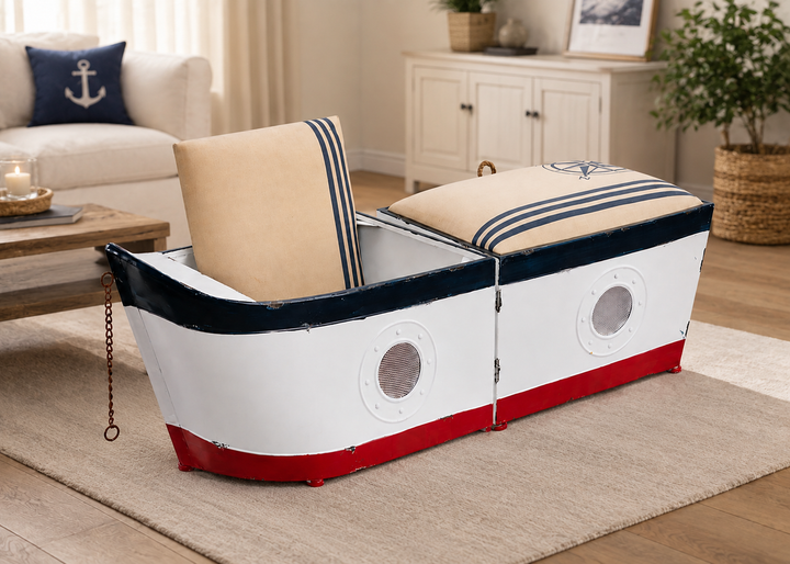 Sitzbank Boot mit Stauraum – maritime Truhenbank aus Holz mit Polster, 125 cm