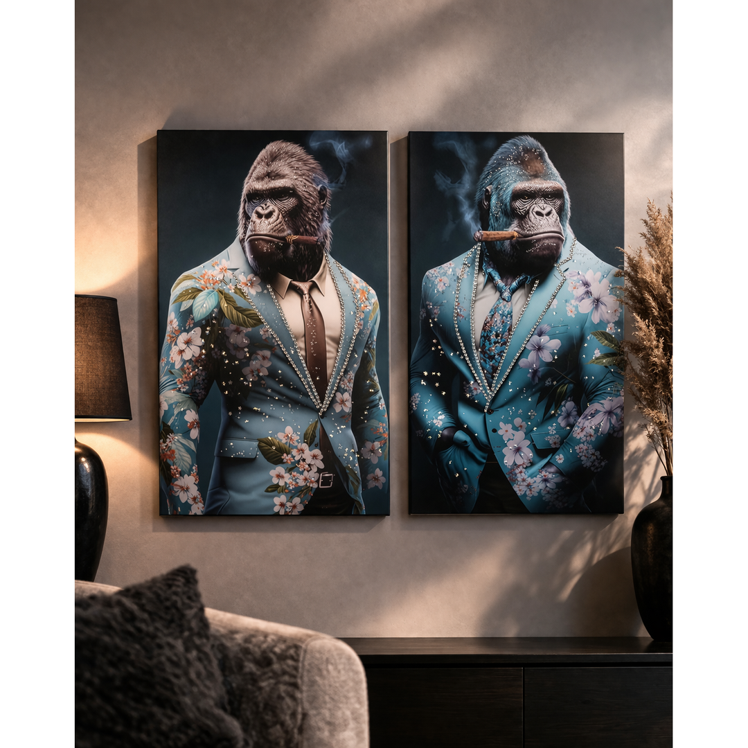Wandbild Gorilla im Anzug – 2er Set Leinwandbilder mit edler Acrylstein Veredelung