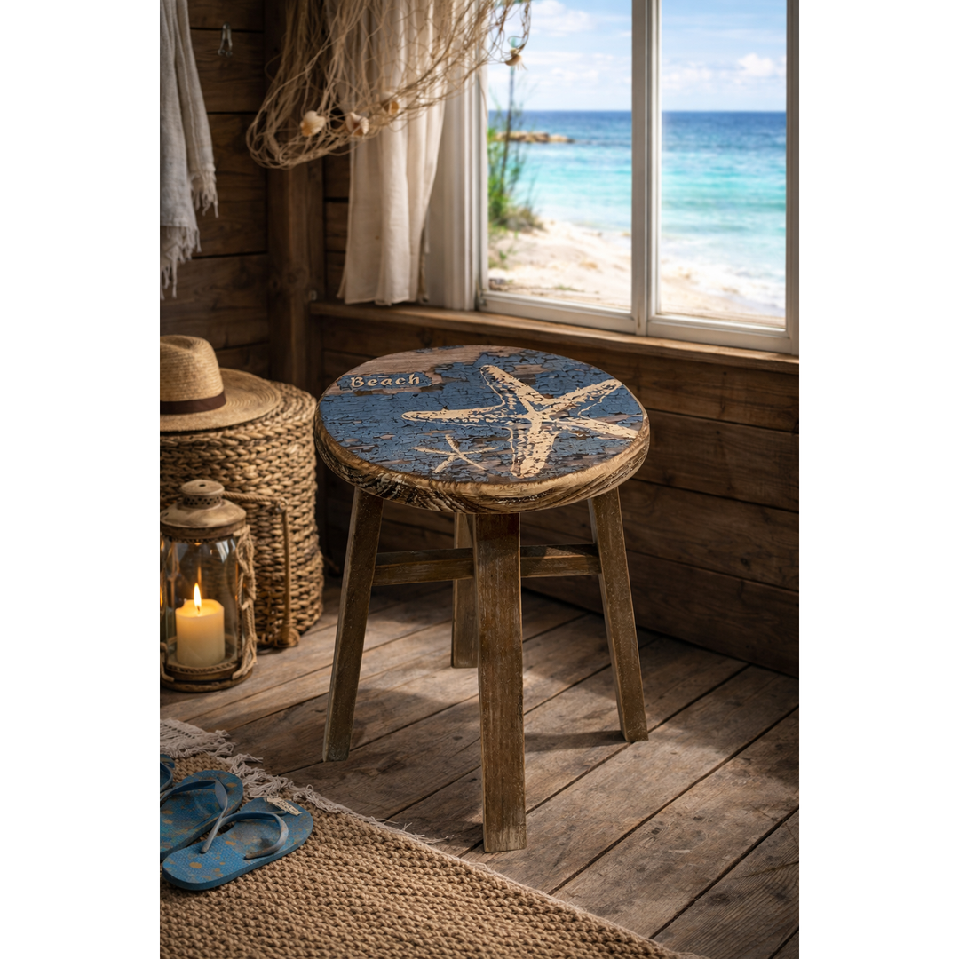 Holz Hocker Seestern Shabby – maritimer Hocker im Vintage Look