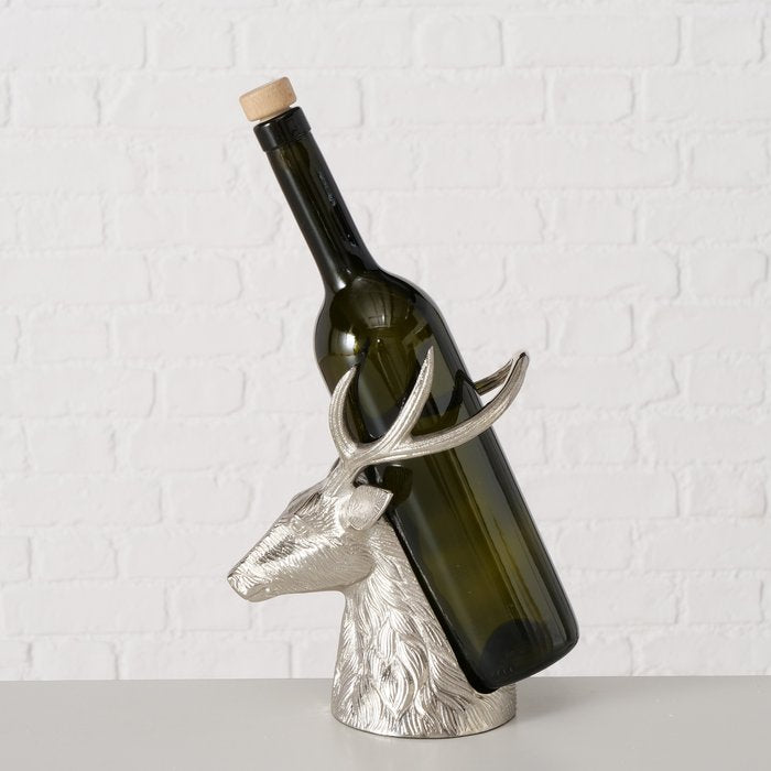 Flaschenträger Claudius – dekorativer Flaschenhalter in Hirschform aus Aluminium in Silber