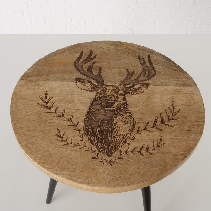 Tisch Rudolf – Handgearbeitetes 2 teiliges Beistelltisch Set aus Mangoholz mit Hirschmotiv