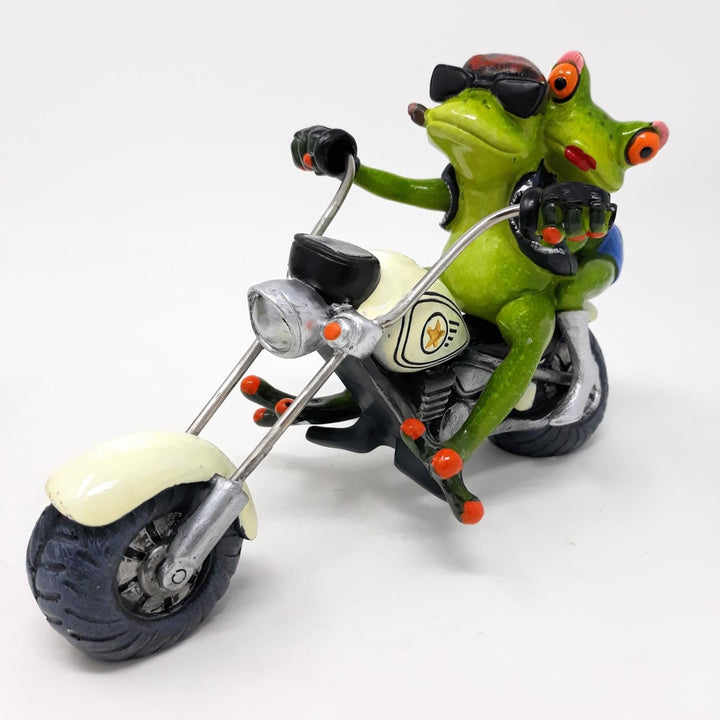 Dekofigur Froschpaar Biker auf weißem Motorrad