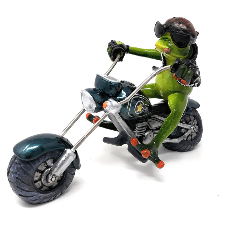 Dekofigur Frosch auf blauem Motorrad Biker