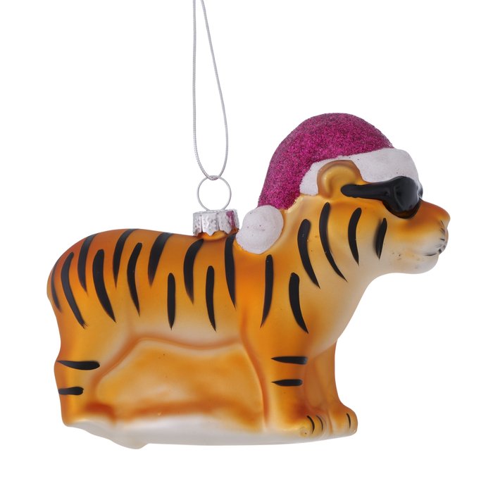 Weihnachtsanhänger Tiger – handgemalter Christbaumschmuck aus Glas in Orange mit Glitzermütze