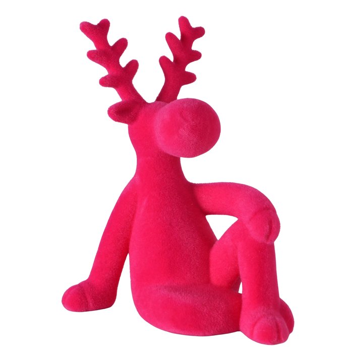 Figur Timor sitzend – moderner Deko Hirsch in Pink mit beflockter Oberfläche
