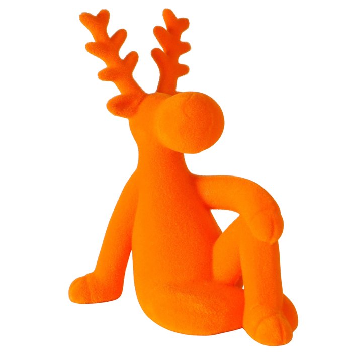 Figur Timor sitzend – moderner Deko Hirsch in Orange mit beflockter Oberfläche