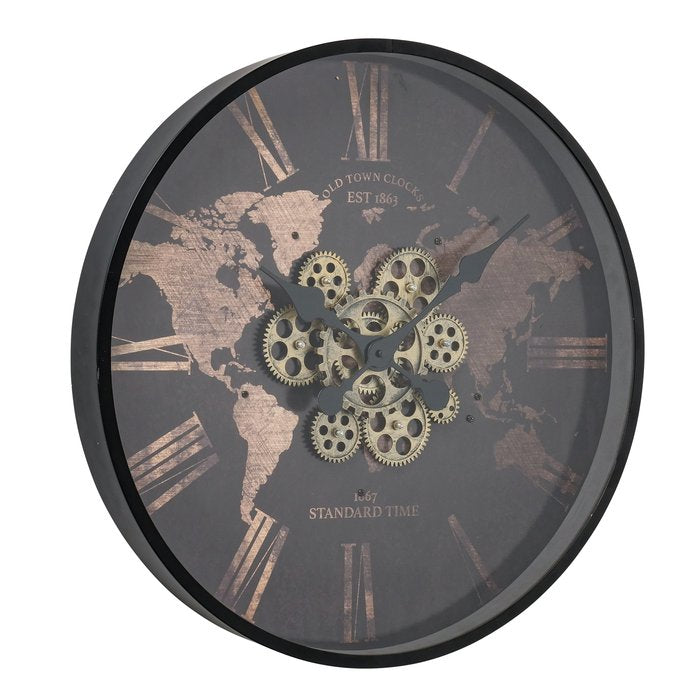 Wanduhr Weltkarte Gear Time – große Design Wanduhr mit beweglichen Zahnrädern
