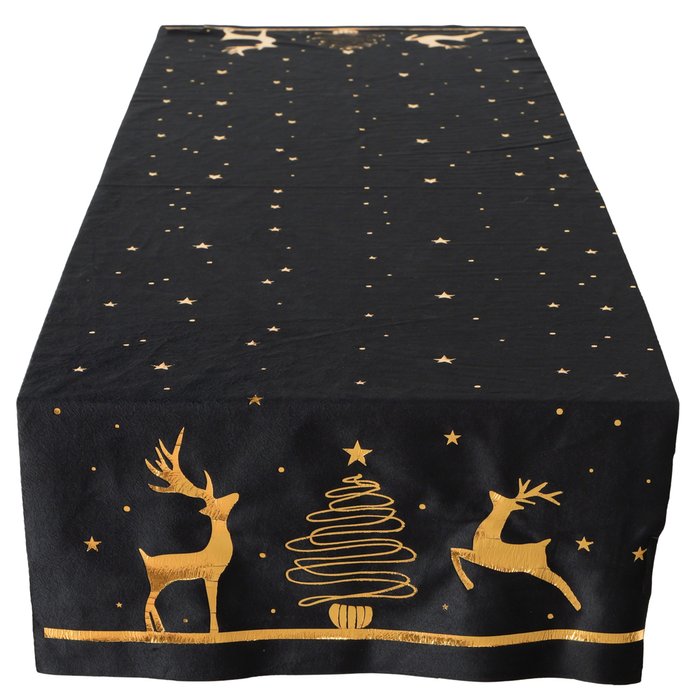 Tischläufer Cervo Gold Schwarz – eleganter Weihnachtstischläufer mit Hirsch und Tannenbaum Motiv
