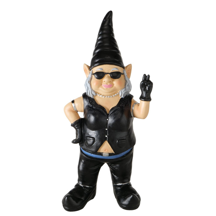 Rockige Gartenzwerg Dame mit Lederweste und Sonnenbrille