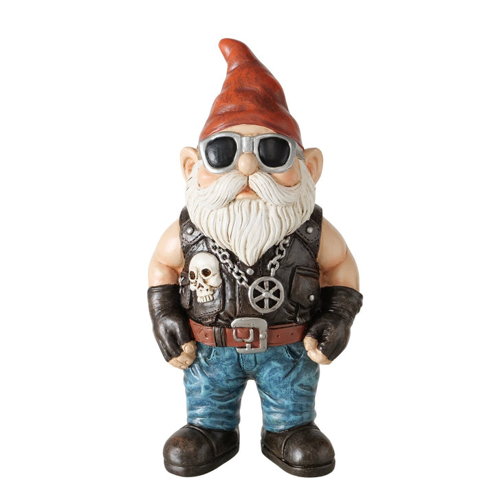 Rockiger Gartenzwerg Biker mit Lederweste und Sonnenbrille