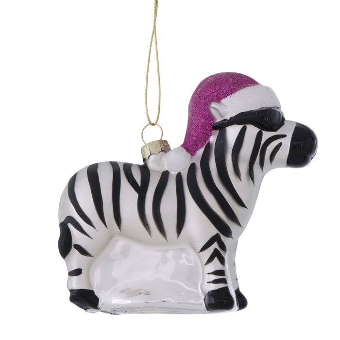 Weihnachtsanhänger Zebra – handgemalter Christbaumschmuck aus Glas in Schwarz Weiß mit Glitzerhut