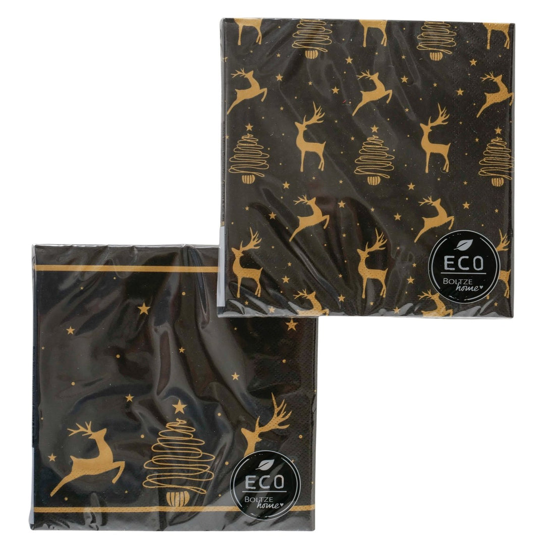Servietten 2er Set Hirsch Gold Schwarz – edle Weihnachtsservietten mit Hirsch und Tannenbaum Motiv