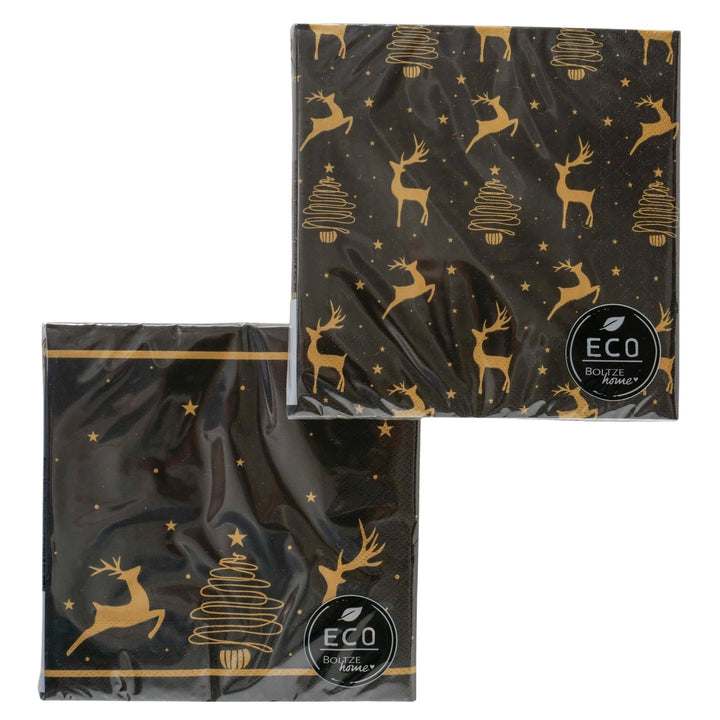 Servietten 2er Set Hirsch Gold Schwarz – edle Weihnachtsservietten mit Hirsch und Tannenbaum Motiv