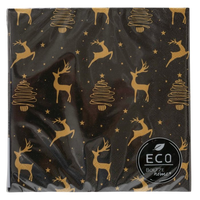 Servietten 2er Set Hirsch Gold Schwarz – edle Weihnachtsservietten mit Hirsch und Tannenbaum Motiv