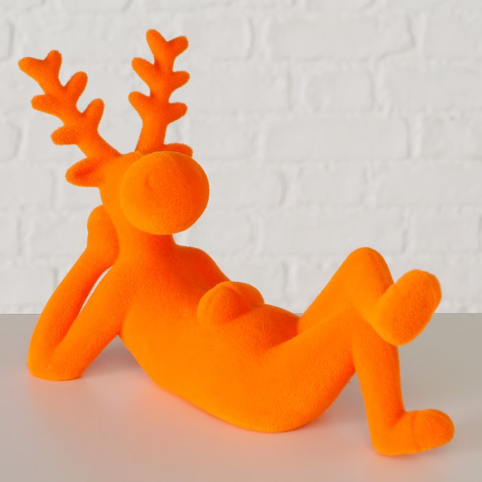 Figur Timor – moderner Deko Hirsch in Orange mit beflockter Oberfläche