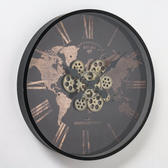 Wanduhr Weltkarte Gear Time – große Design Wanduhr mit beweglichen Zahnrädern
