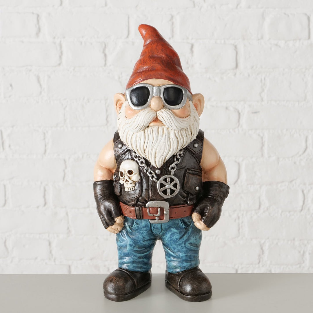 Rockiger Gartenzwerg Biker mit Lederweste und Sonnenbrille