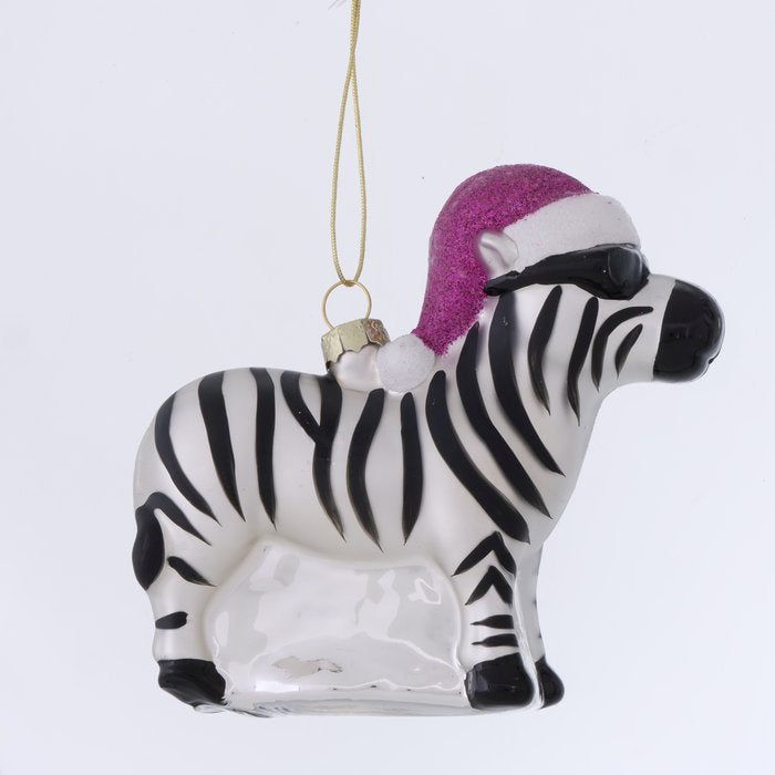 Weihnachtsanhänger Zebra – handgemalter Christbaumschmuck aus Glas in Schwarz Weiß mit Glitzerhut