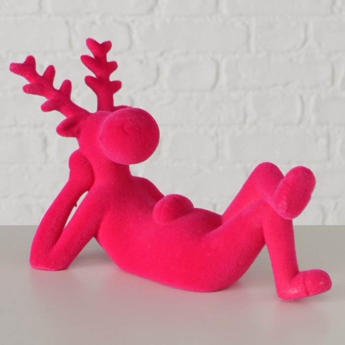 Figur Timor – moderner Deko Hirsch in Pink mit beflockter Oberfläche
