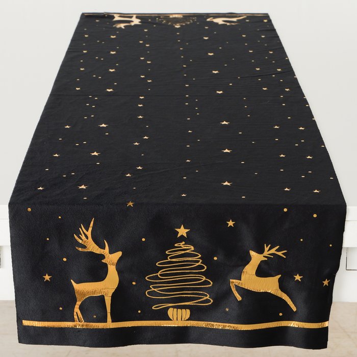 Tischläufer Cervo Gold Schwarz – eleganter Weihnachtstischläufer mit Hirsch und Tannenbaum Motiv