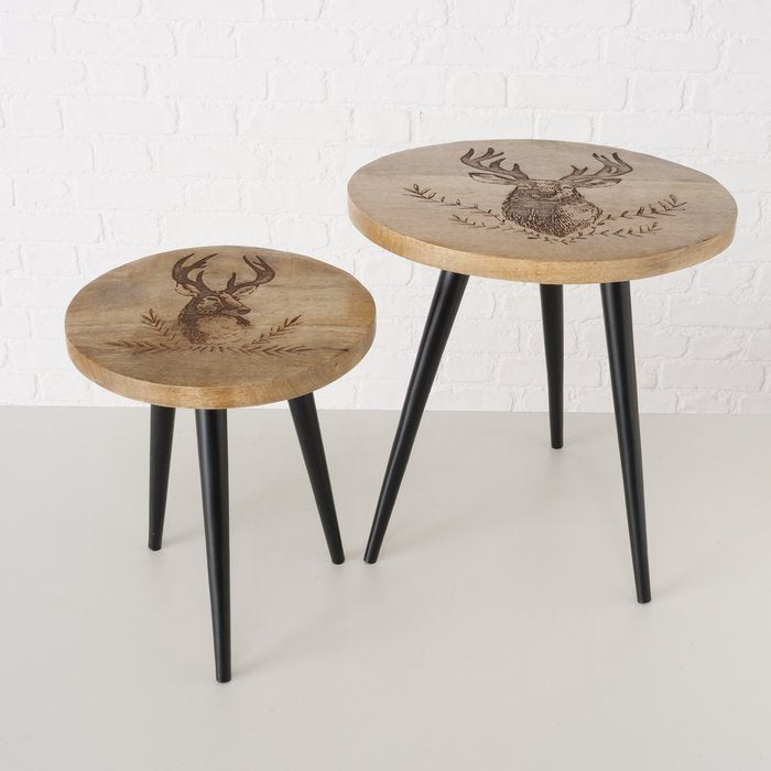 Tisch Rudolf – Handgearbeitetes 2 teiliges Beistelltisch Set aus Mangoholz mit Hirschmotiv