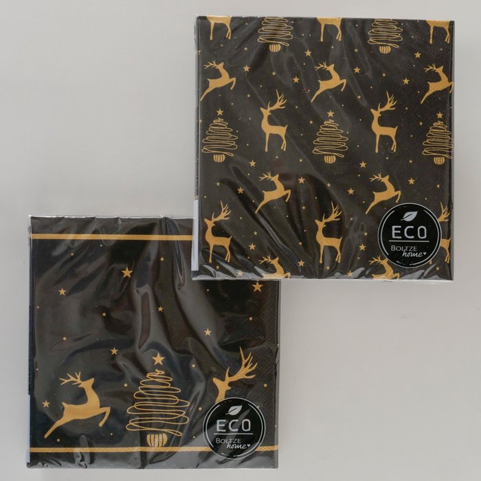 Servietten 2er Set Hirsch Gold Schwarz – edle Weihnachtsservietten mit Hirsch und Tannenbaum Motiv