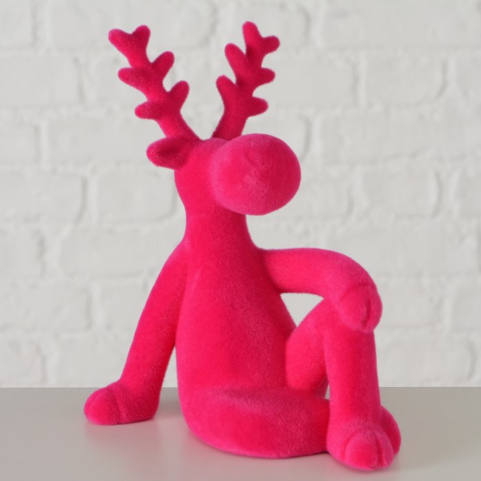 Figur Timor sitzend – moderner Deko Hirsch in Pink mit beflockter Oberfläche