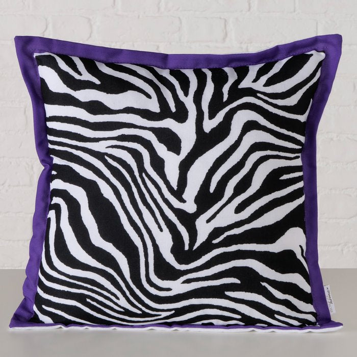 Sofakissen Zebra 45 x 45 cm mit lila Rand, dekoratives Kissen mit Reißverschluss