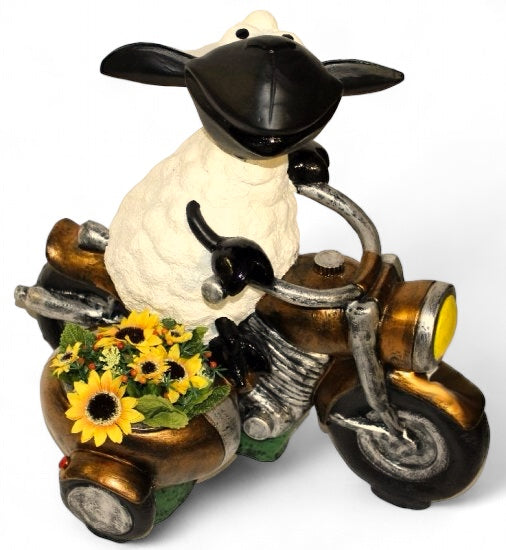 Molly auf Motorrad mit Pflanzkorb aus Kunstharz – originelle Dekofigur für Haus und Garten