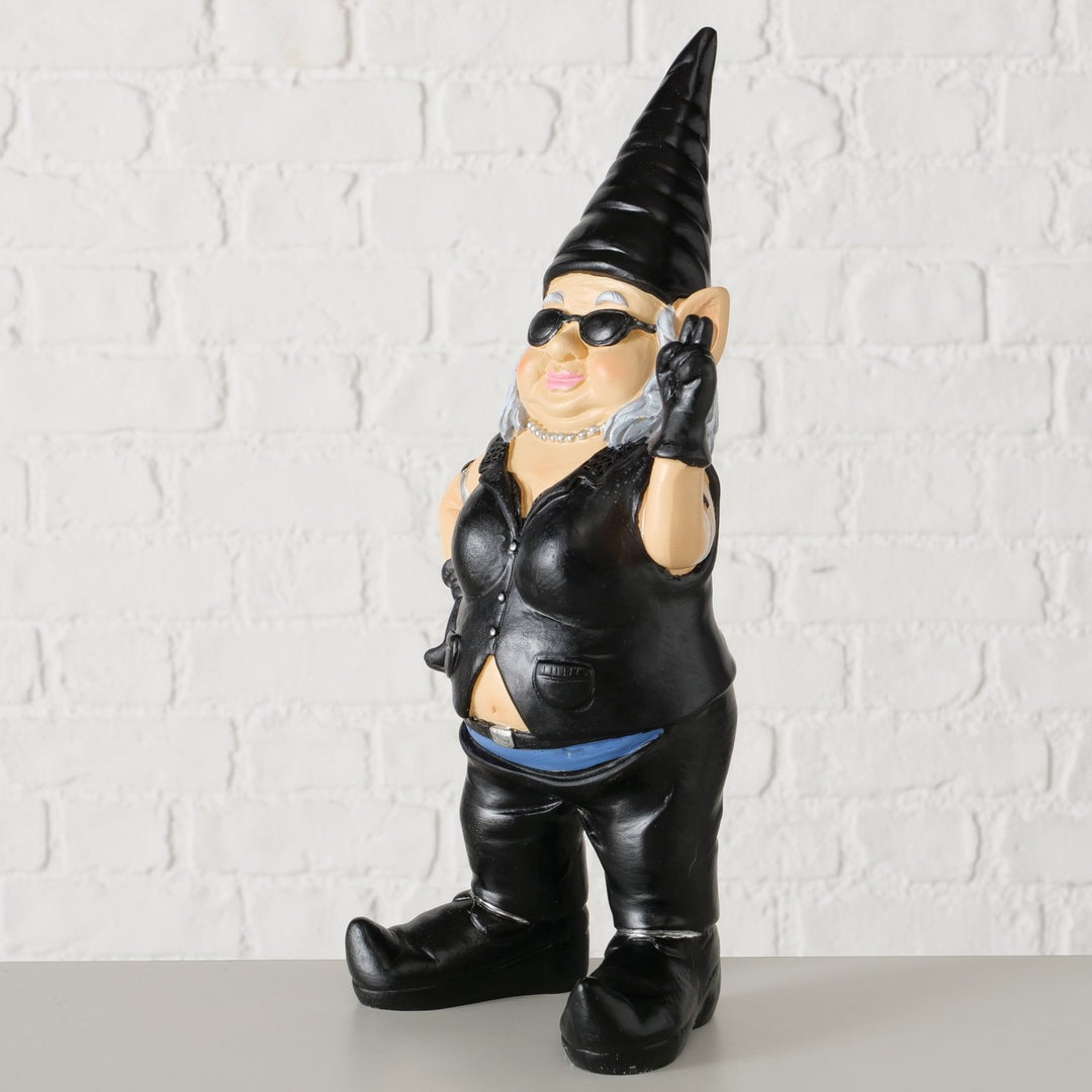 Rockige Gartenzwerg Dame mit Lederweste und Sonnenbrille