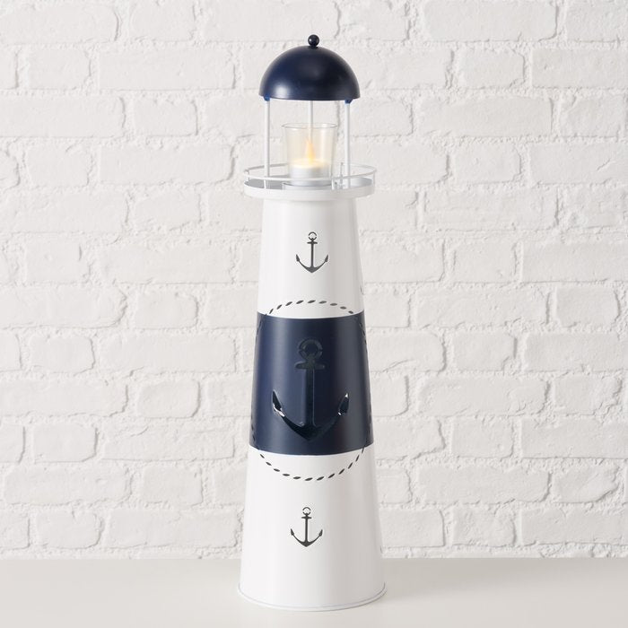 Laterne Büsum – maritime Leuchtturm Laterne aus Metall und Glas in Blau Weiß