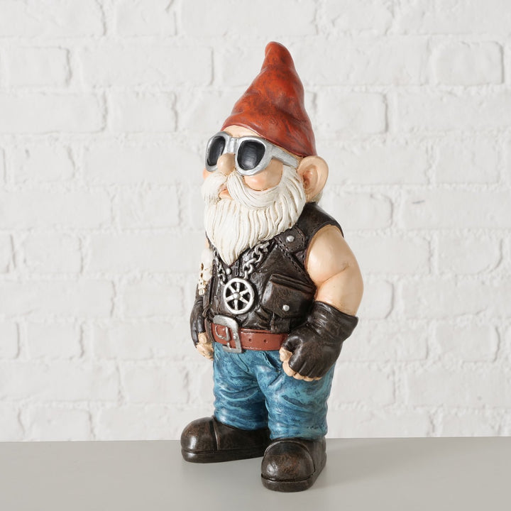 Rockiger Gartenzwerg Biker mit Lederweste und Sonnenbrille