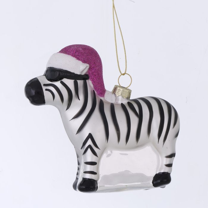 Weihnachtsanhänger Zebra – handgemalter Christbaumschmuck aus Glas in Schwarz Weiß mit Glitzerhut