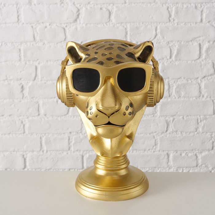 Dekoaufsteller Golden Leo DJ – extravagante Leopardenbüste in Gold
