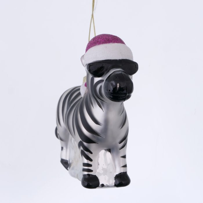 Weihnachtsanhänger Zebra – handgemalter Christbaumschmuck aus Glas in Schwarz Weiß mit Glitzerhut