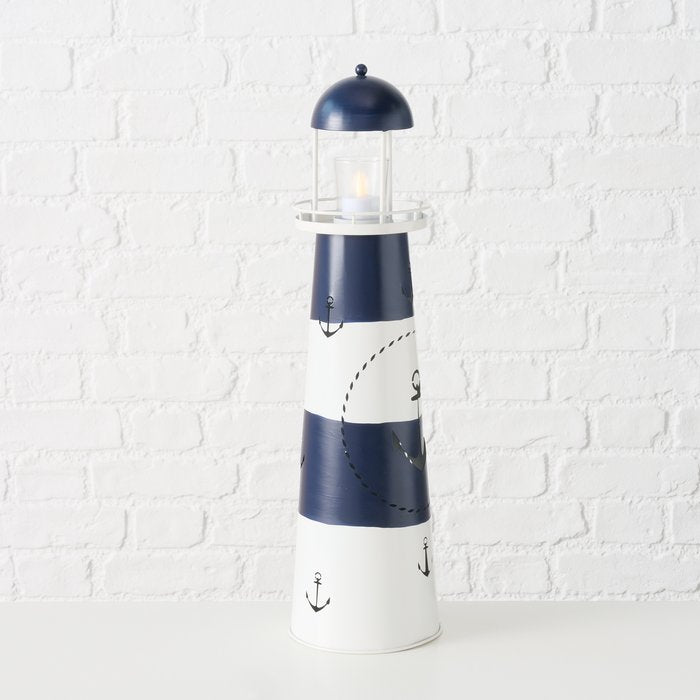 Laterne Büsum – maritime Leuchtturm Laterne aus Metall und Glas in Blau Weiß