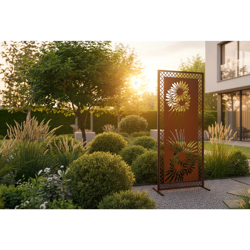 Sichtschutzwand Frühlingserwachen – dekorativer Garten Sichtschutz aus Metall in Edelrost Optik